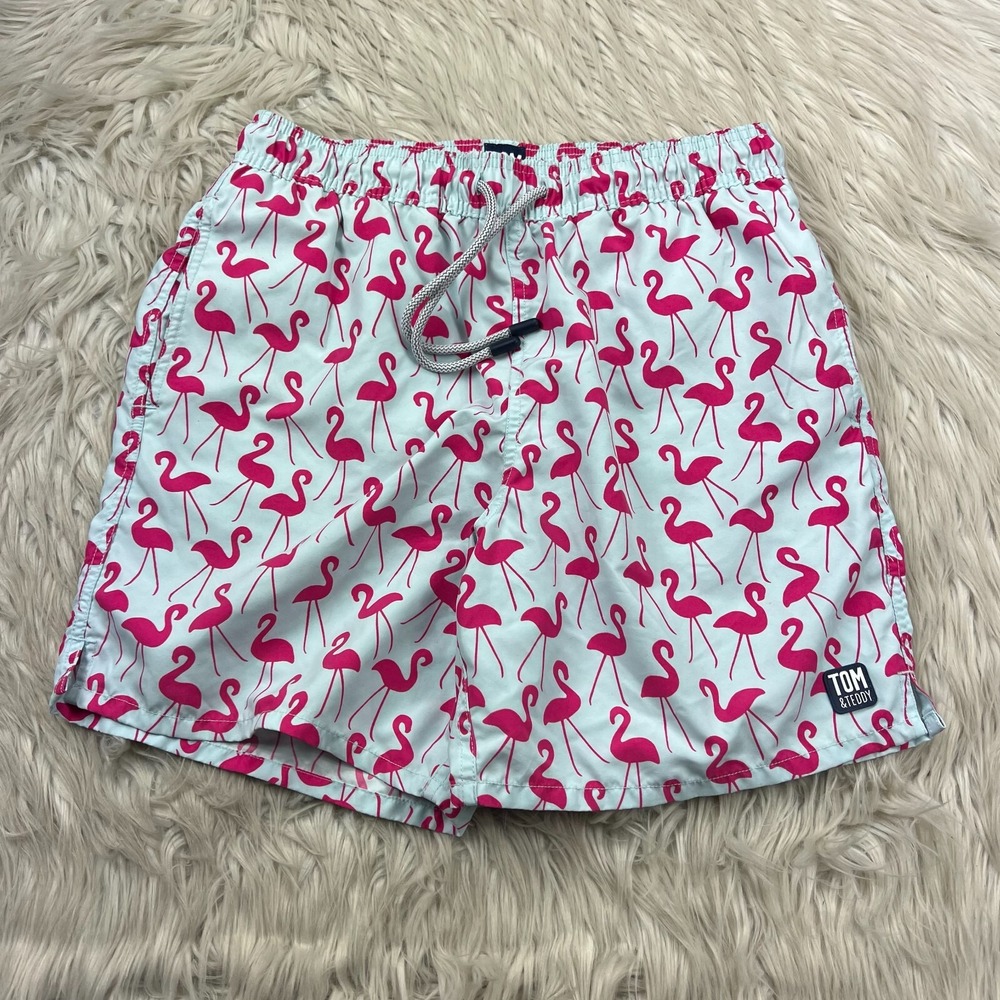 Tom & Teddy Men's M Mint Pink‎ Flamingo Print Swim Trunks Shorts